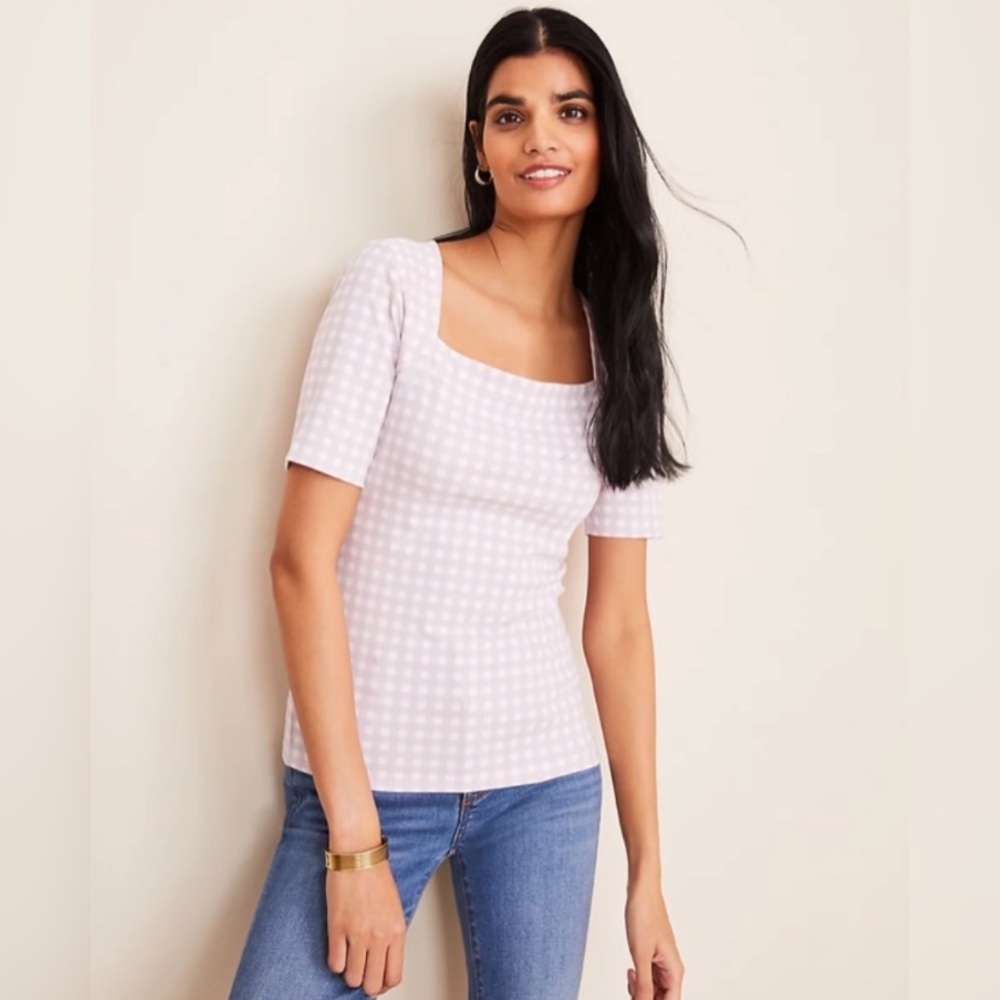 Petite Gingham Square Neck Luxe Tee || Ann Taylor